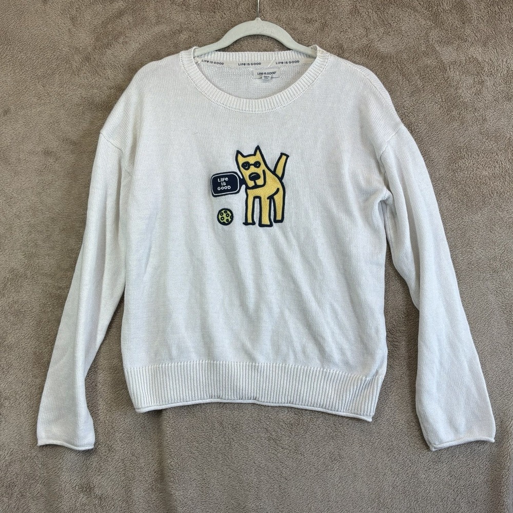 Life Is Good Sweater Women Medium‎ Crewneck Pullover Dog Ball Preppy Classic EUC